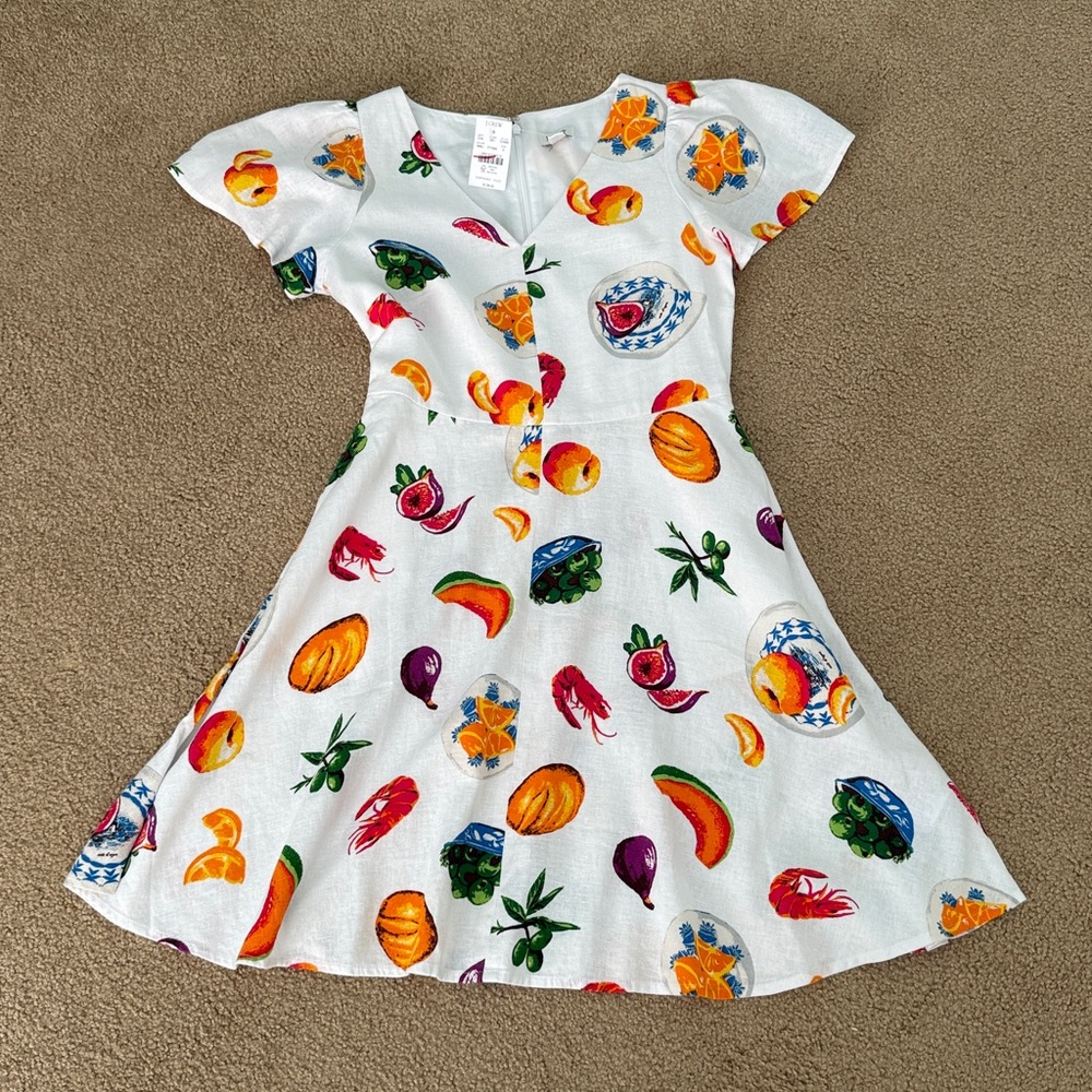 NWT J. Crew White Dress with Colorful Fruit Print size 0 Linen/Viscose Nlend